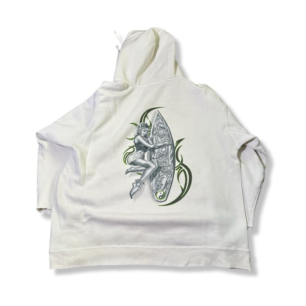 Vintage Y2K Top Heavy Tribal Surf White Distressed Cropped Hoodie Size Large